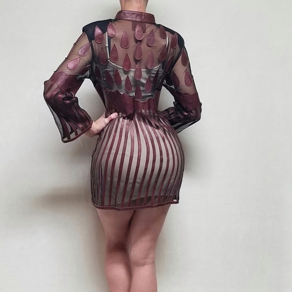VINTAGE Stillman Studio Cognac Lamb Leather Teardrop Stripe Mesh Mini Dress Med - Picture 3 of 13